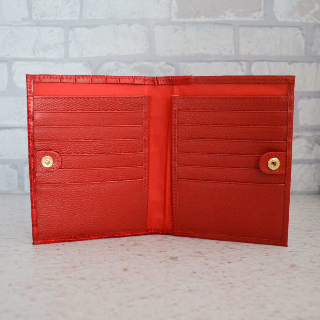 Porta pasaporte orquídea rojo de cuero para mujer
