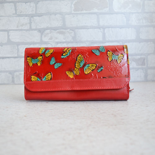 Billetera Flora roja de cuero para mujer